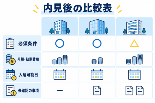 内見後は比較表で候補を絞り込む